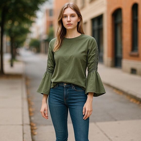 Small Olive Green Sanctuary Bellsleeve Tie Back Sweater - Picture 1 of 4
